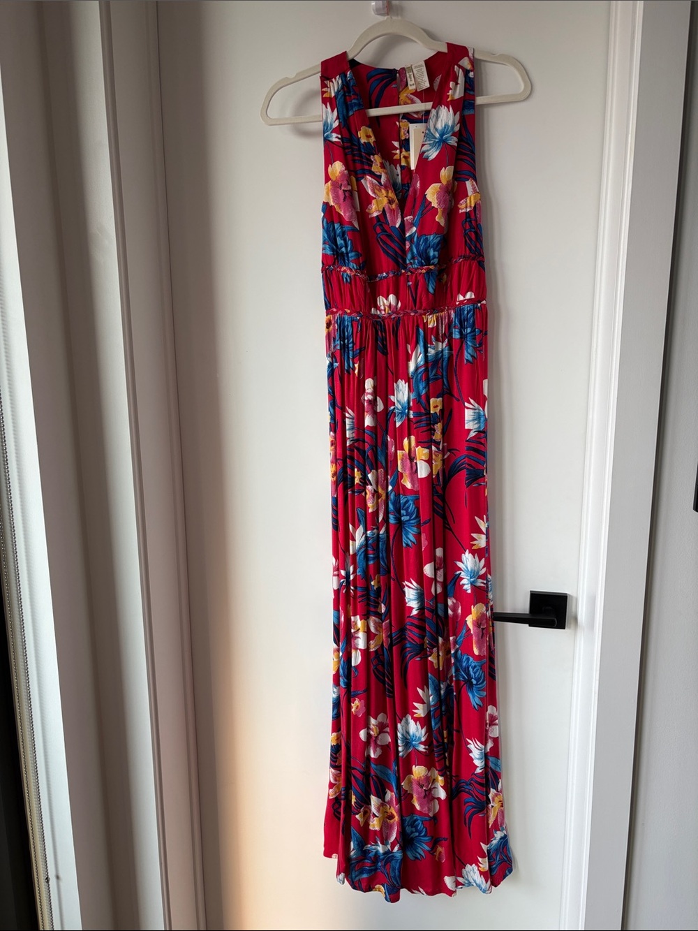 Japna Red Floral Maxi Dress with Blue and Yellow Accents